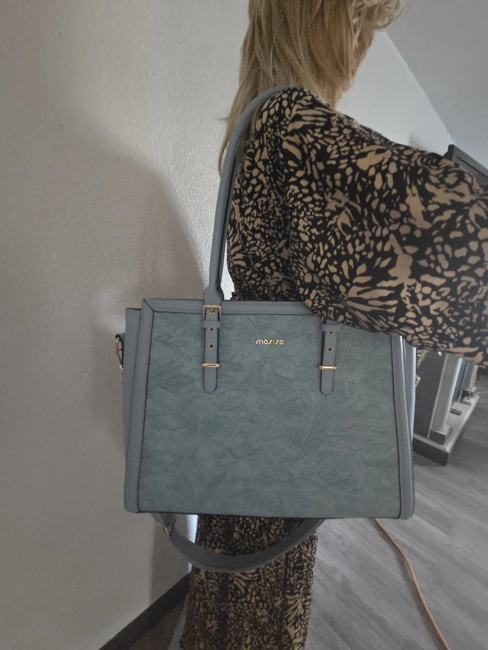 NWOT Mosiso Light Blue Floral-Embossed Women's Laptop Tote/crossbody Bag